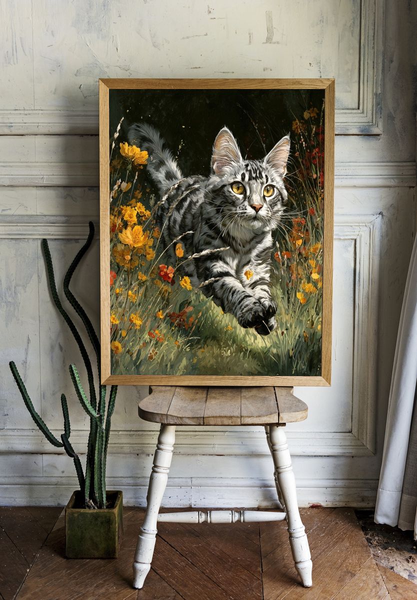 Playful Cat in Wildflowers — Illustration Print. room preview