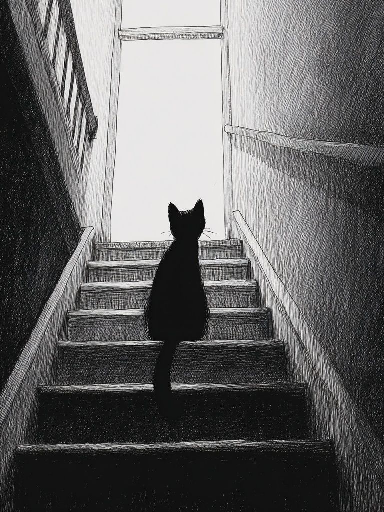 Black Cat on Stairs — Illustration Print. poster — illustration art