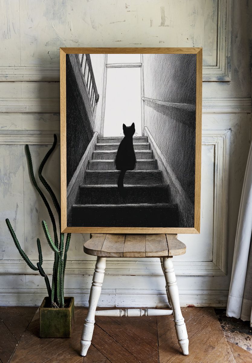 Black Cat on Stairs — Illustration Print room preview