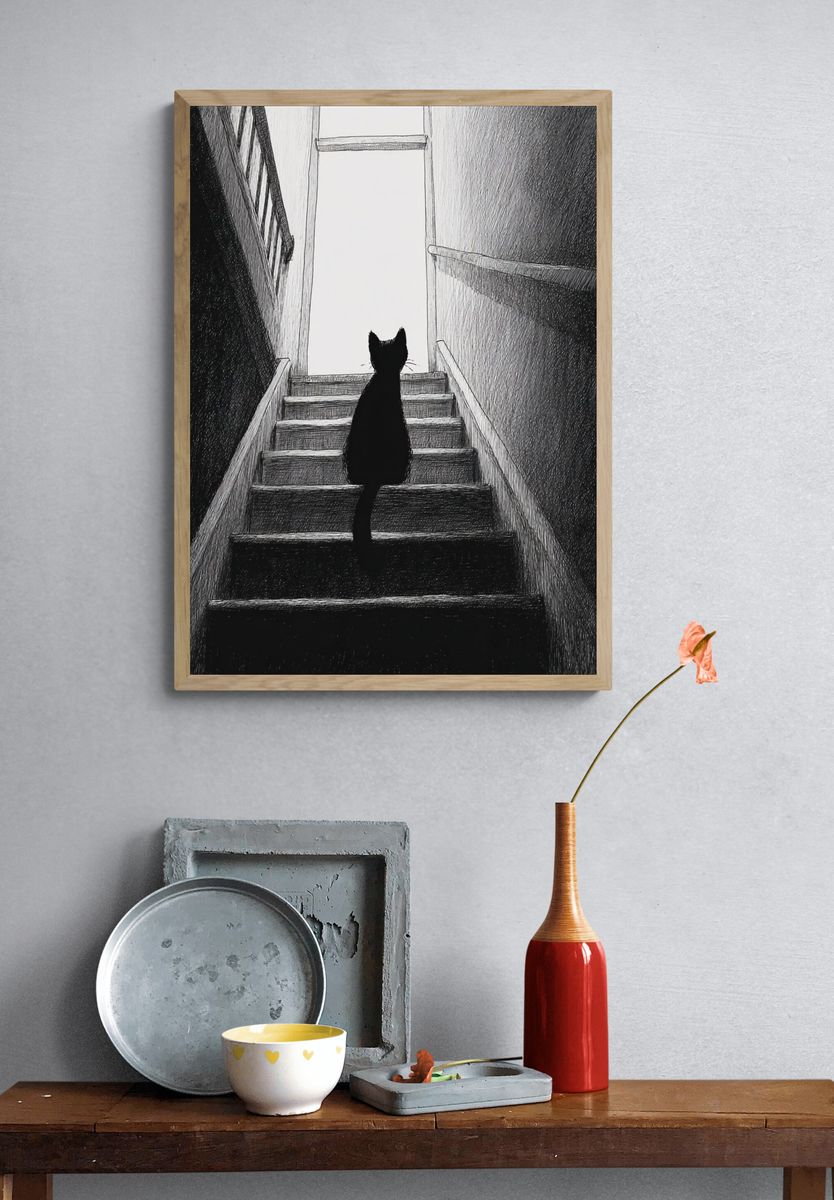 Black Cat on Stairs — Illustration Print. — room view 3