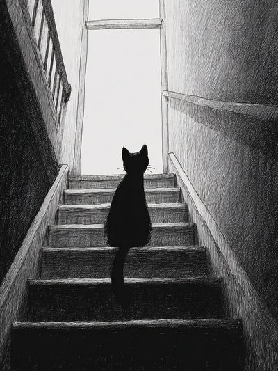 Black Cat on Stairs — Illustration Print. poster print