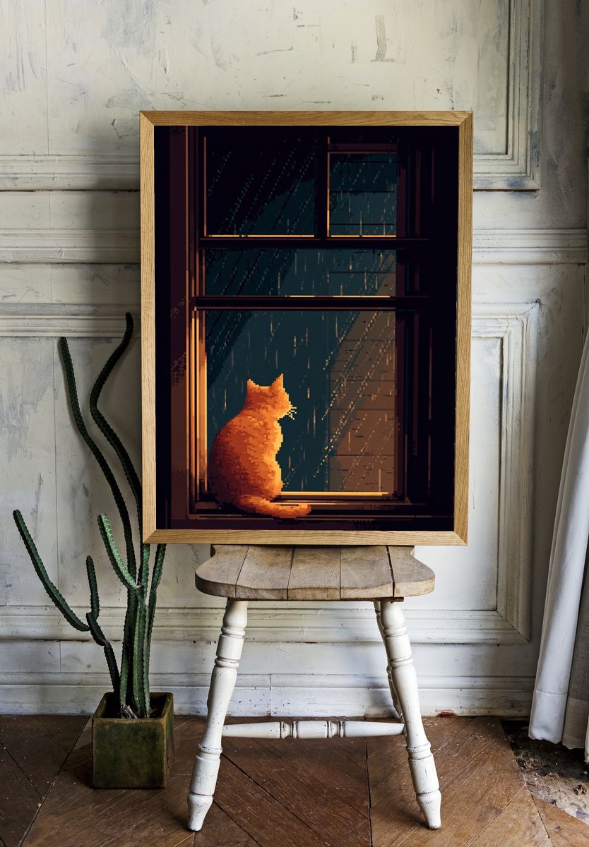 Rainy Cat Window Illustration Poster. — room view 1