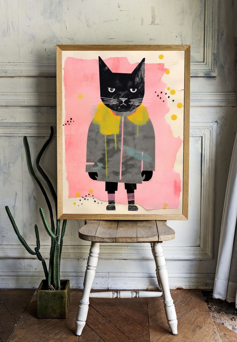 Black Cat Collage Illustration Poster. — room view 1