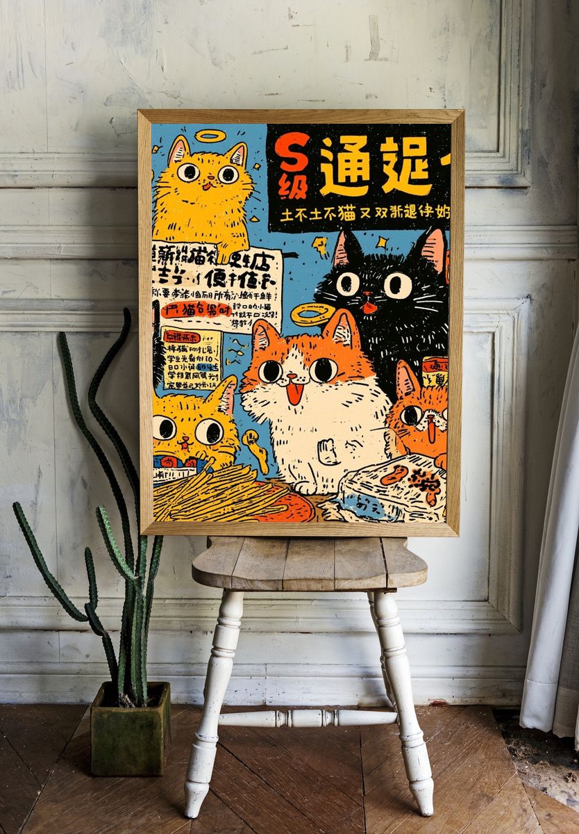 Playful Cat Comic Typography Poster. — room view 1