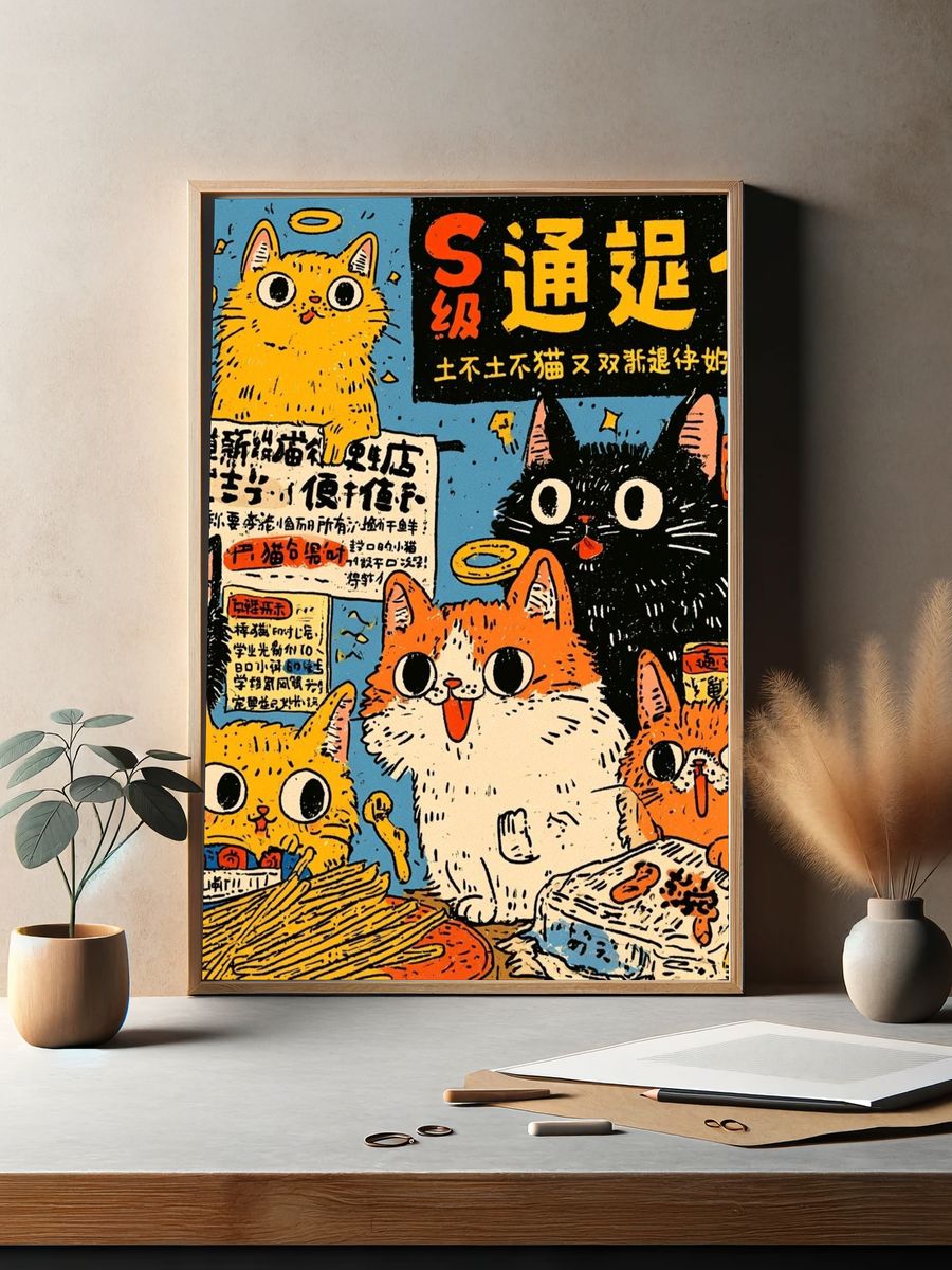Playful Cat Comic Typography Poster. — room view 2