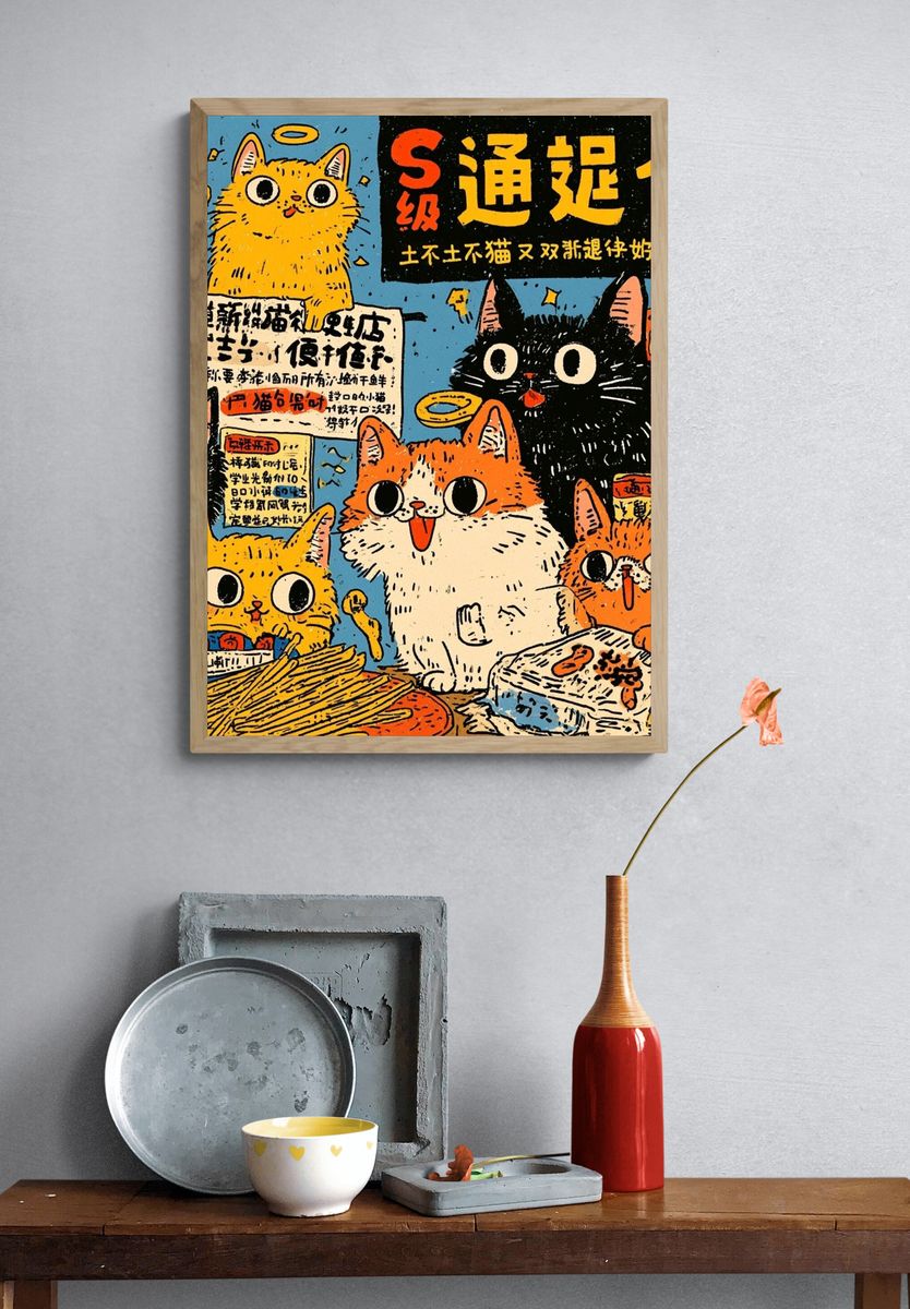 Playful Cat Comic Typography Poster. — room view 3