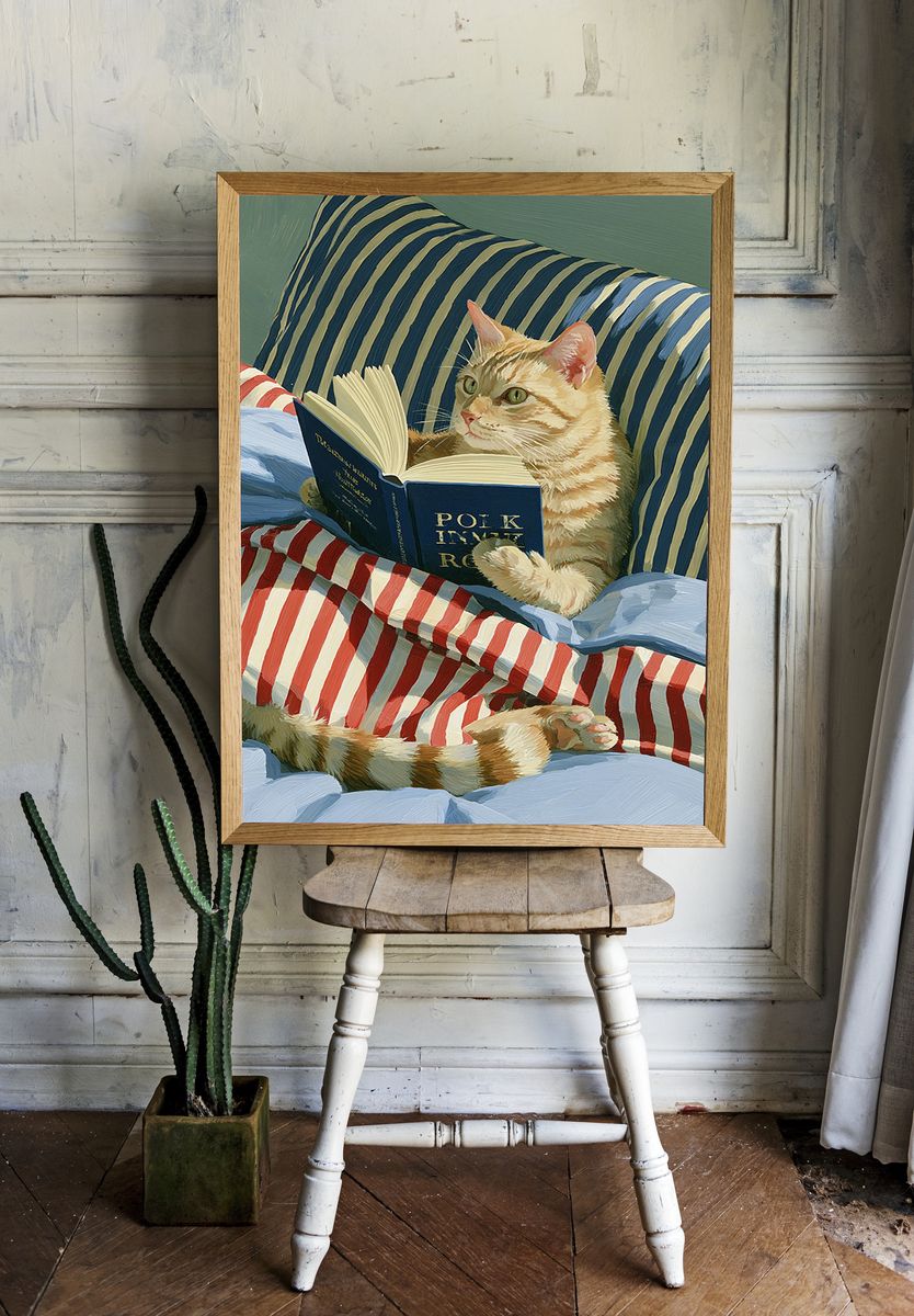 Reading Cat Illustration Poster. — room view 1