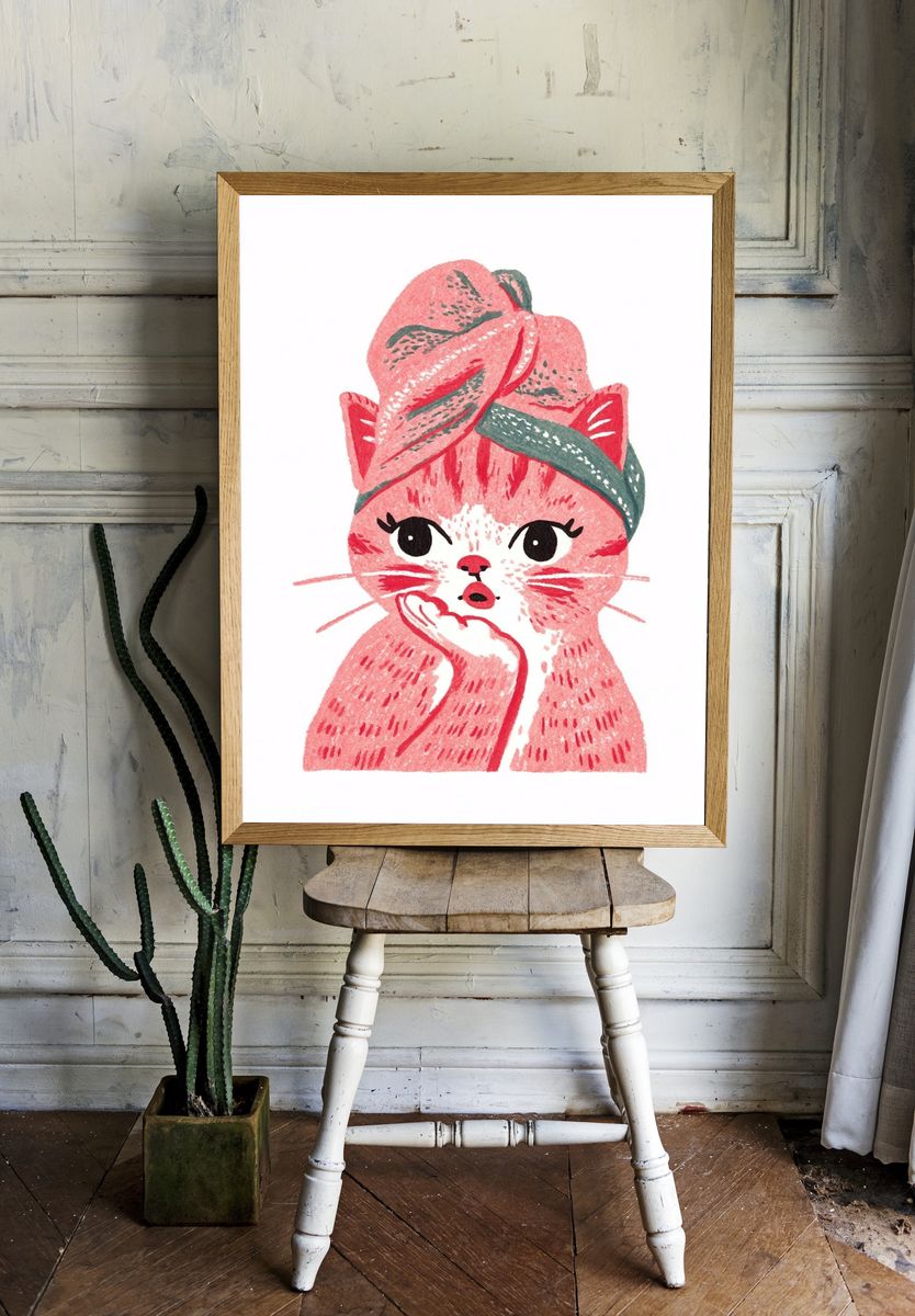 Cute Cat with Turban — Illustration Print. room preview