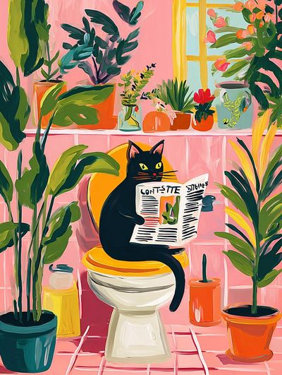Black Cat Reading Newspaper — Illustration Print. poster