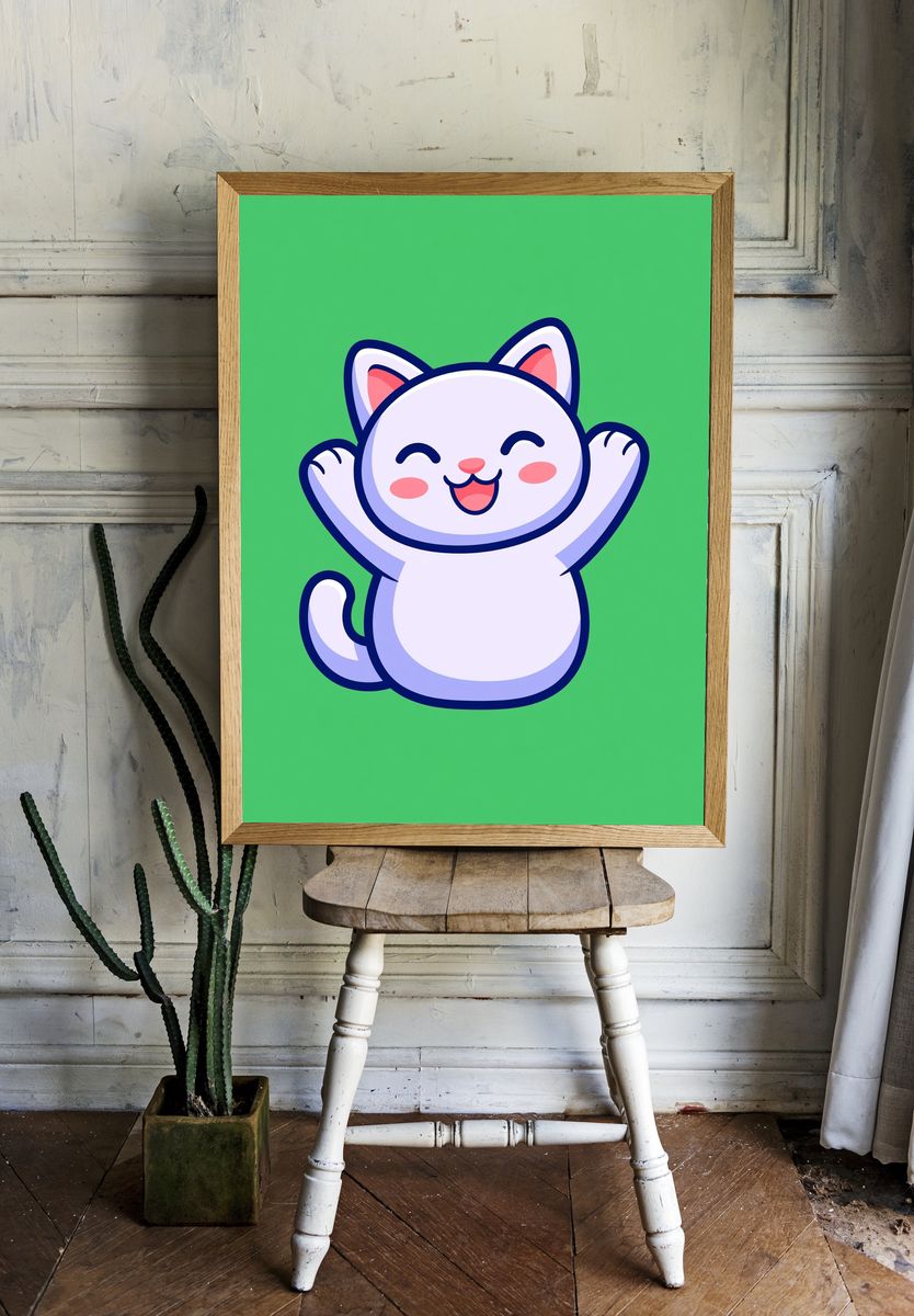 Happy Cat Cartoon Print. room preview