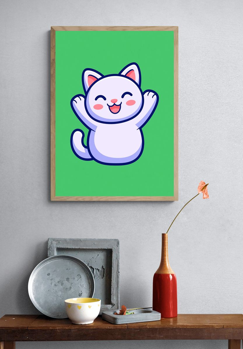 Happy Cat Cartoon Print. — room view 3