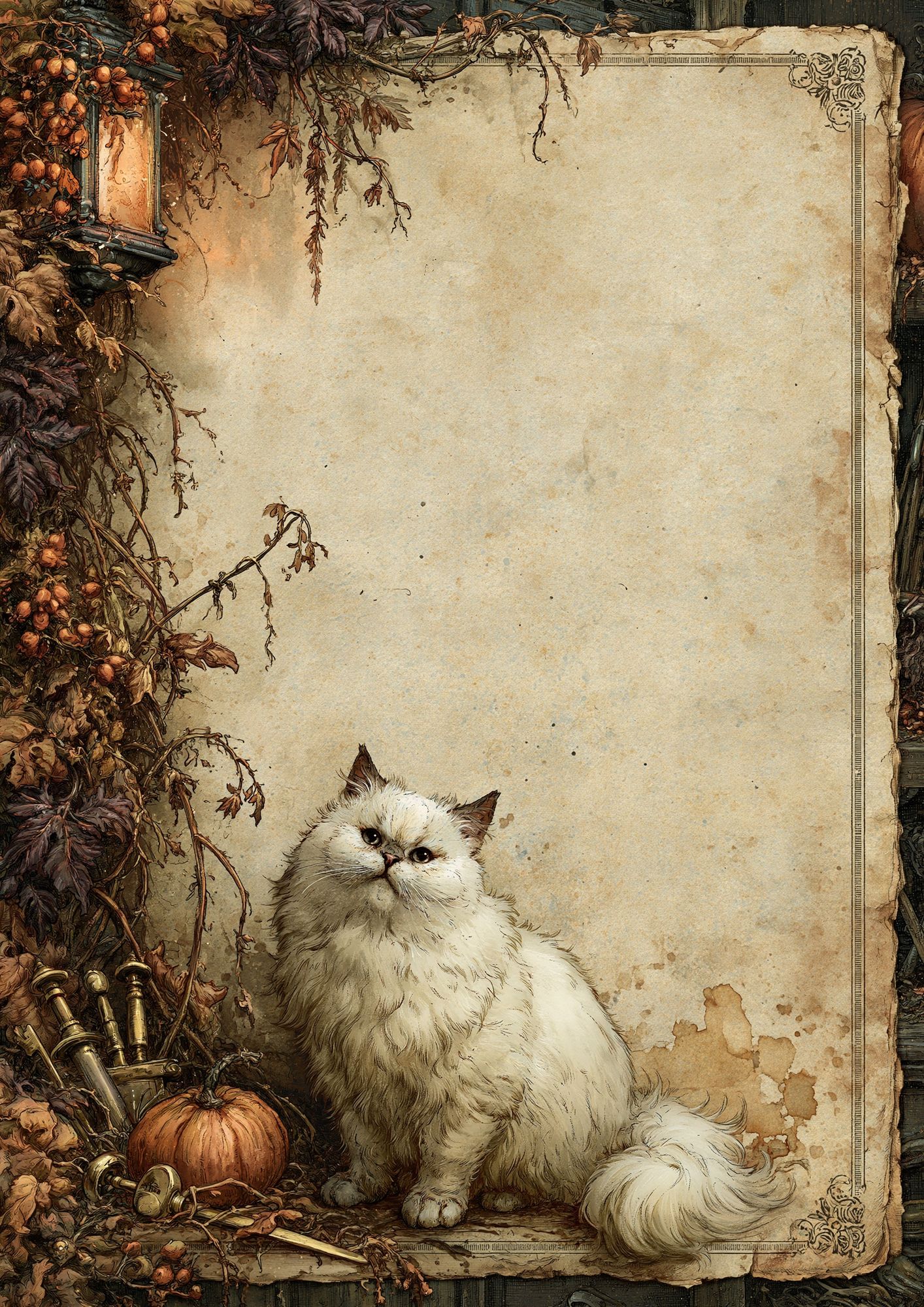 Fluffy White Cat Autumn Poster. poster detail