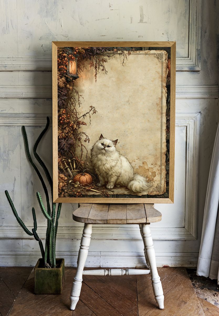 Fluffy White Cat Autumn Poster. — room view 1