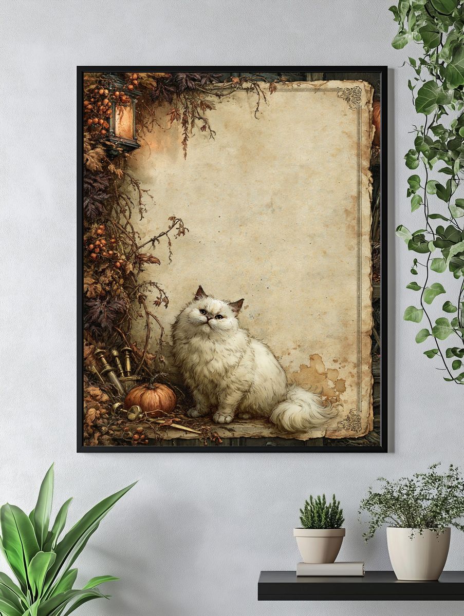 Fluffy White Cat Autumn Poster. — room view 4