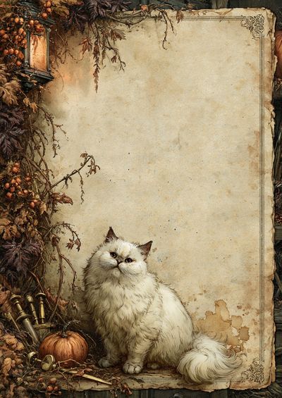 Fluffy White Cat Autumn Poster. poster