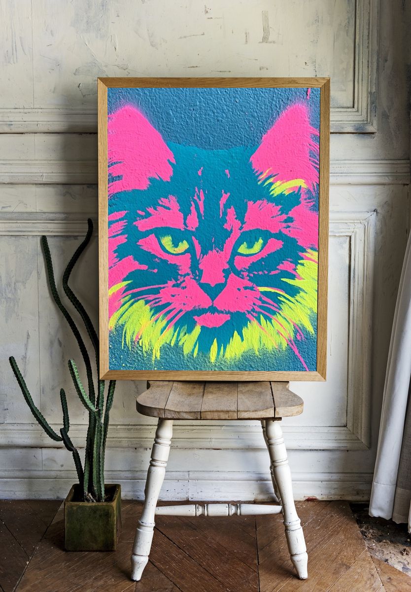 Neon Cat Street-Art Poster. — room view 1