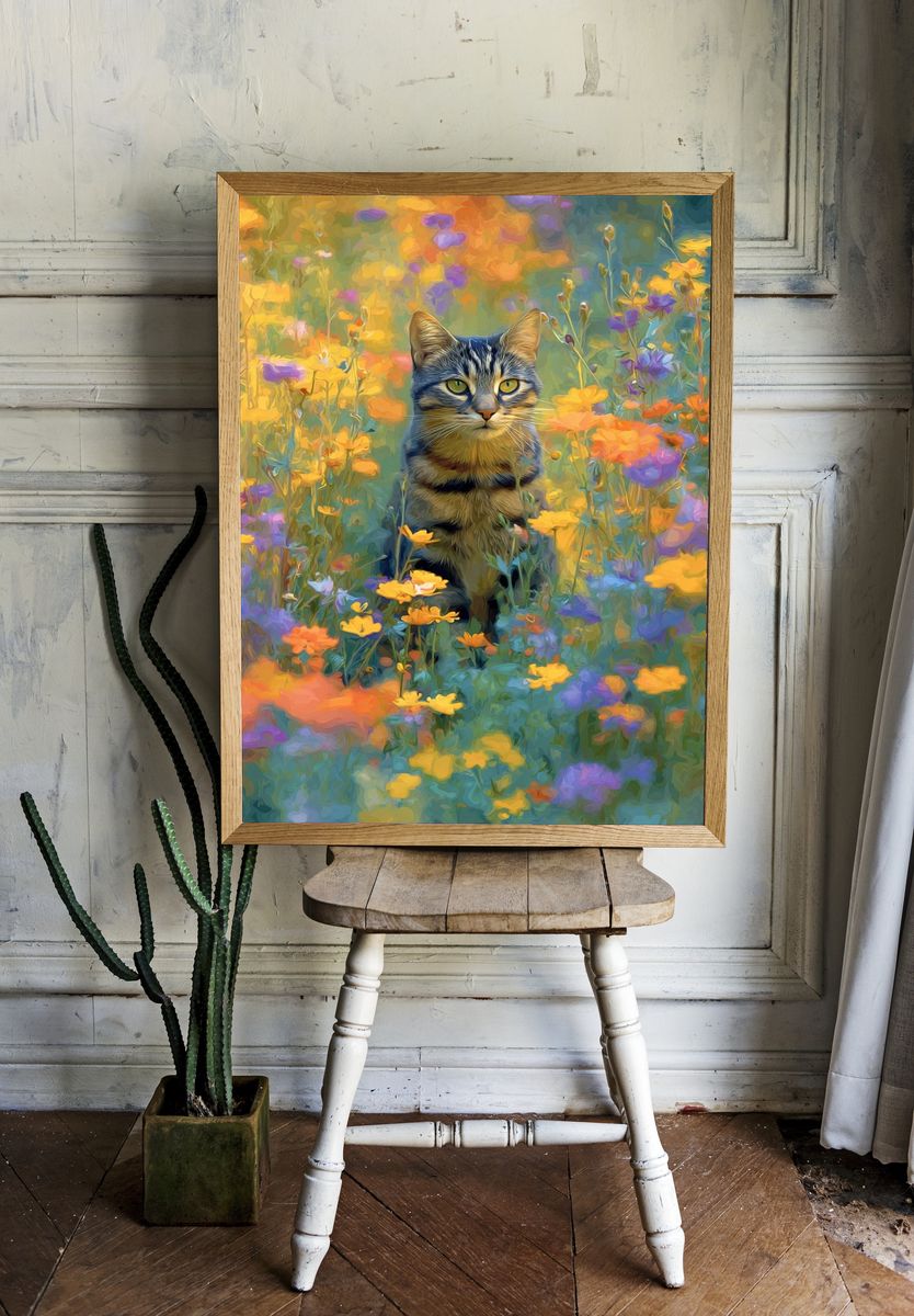 Cat in Wildflowers Illustration Poster. — room view 1