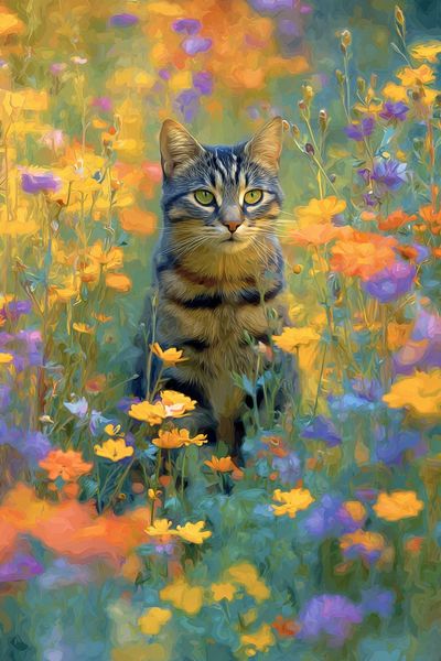 Cat in Wildflowers Illustration Poster. poster
