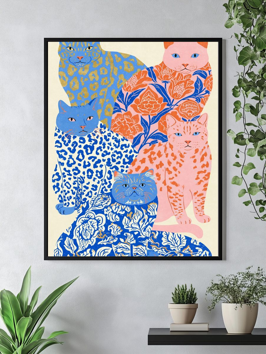 Patterned Cats Illustration Poster. — room view 4