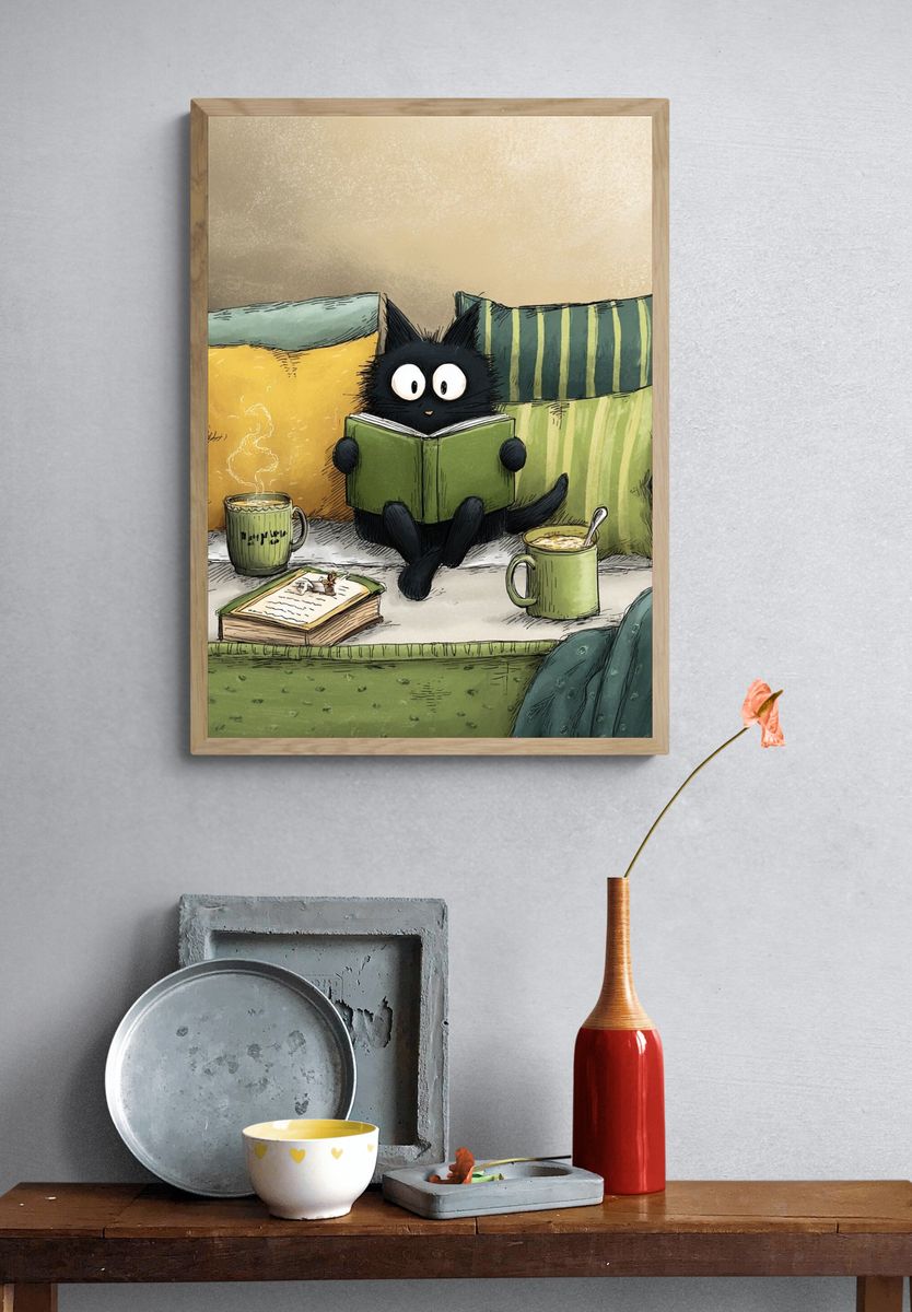 Reading Cat — Illustration Print. — room view 3