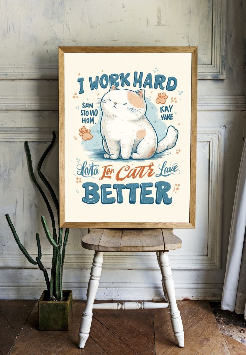 I Work Hard — Funny Cat Typography Print room preview