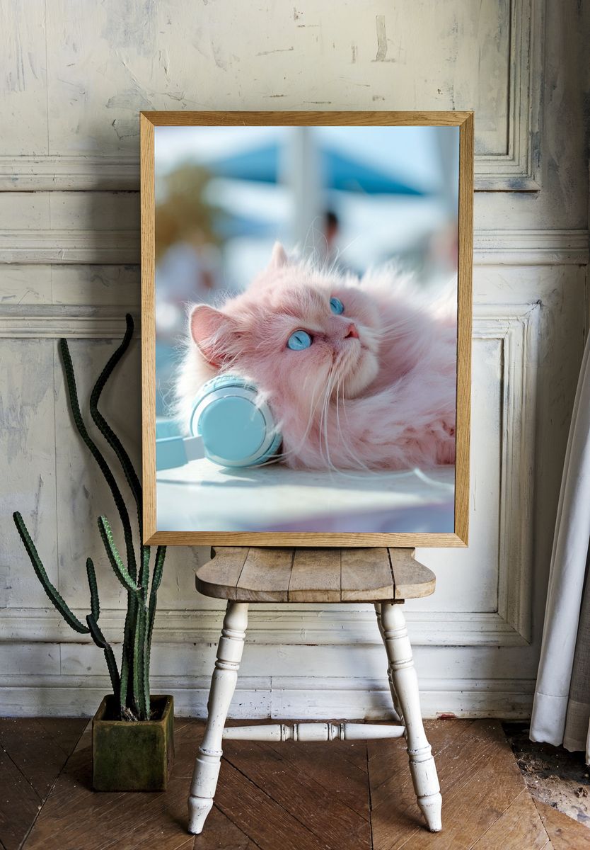 Pink Cat with Headphones Photography Poster room preview