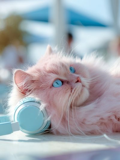 Pink Cat with Headphones Photography Poster. poster