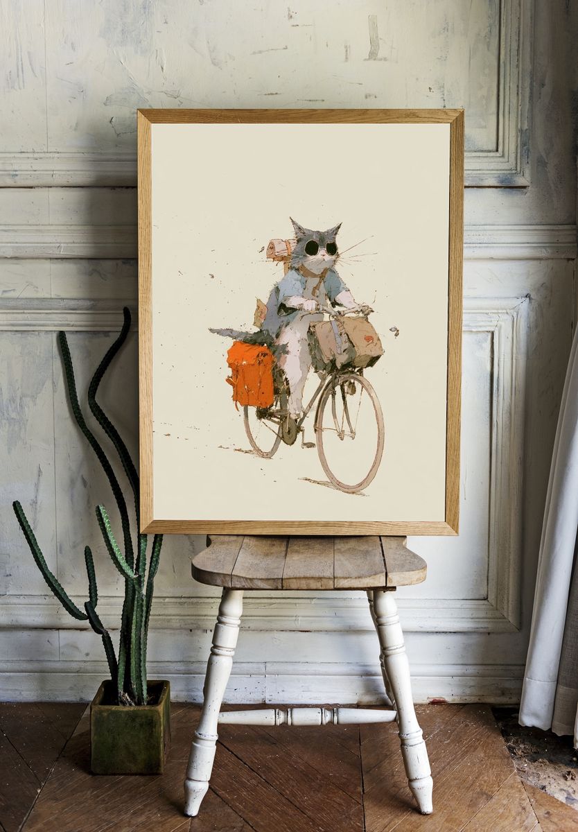 Cat on Bicycle Illustration Poster. — room view 1