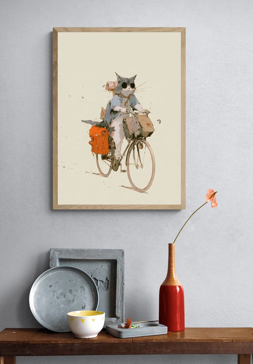 Cat on Bicycle Illustration Poster. — room view 3