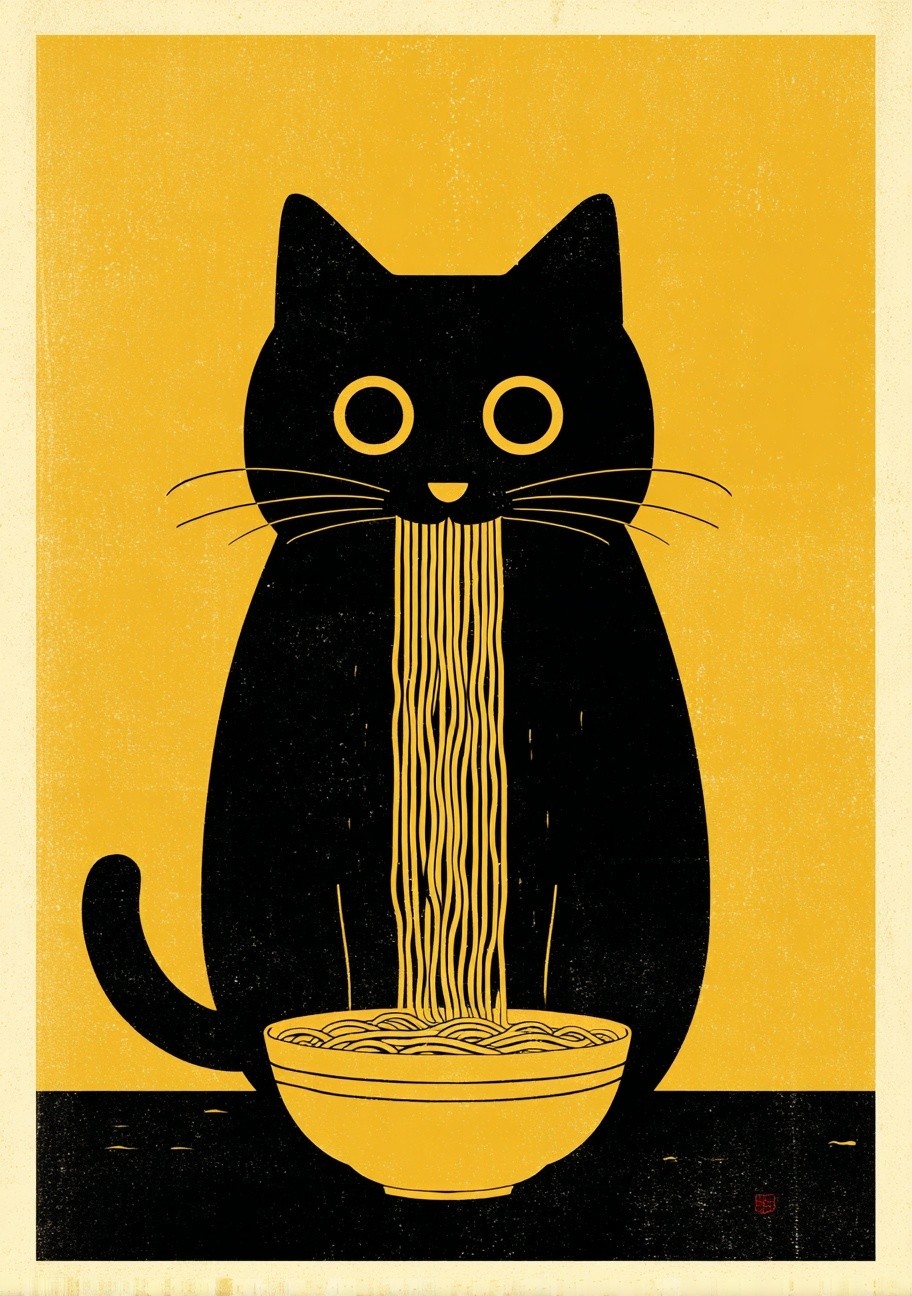 Cat with Noodles — Illustration Print. poster — illustration art