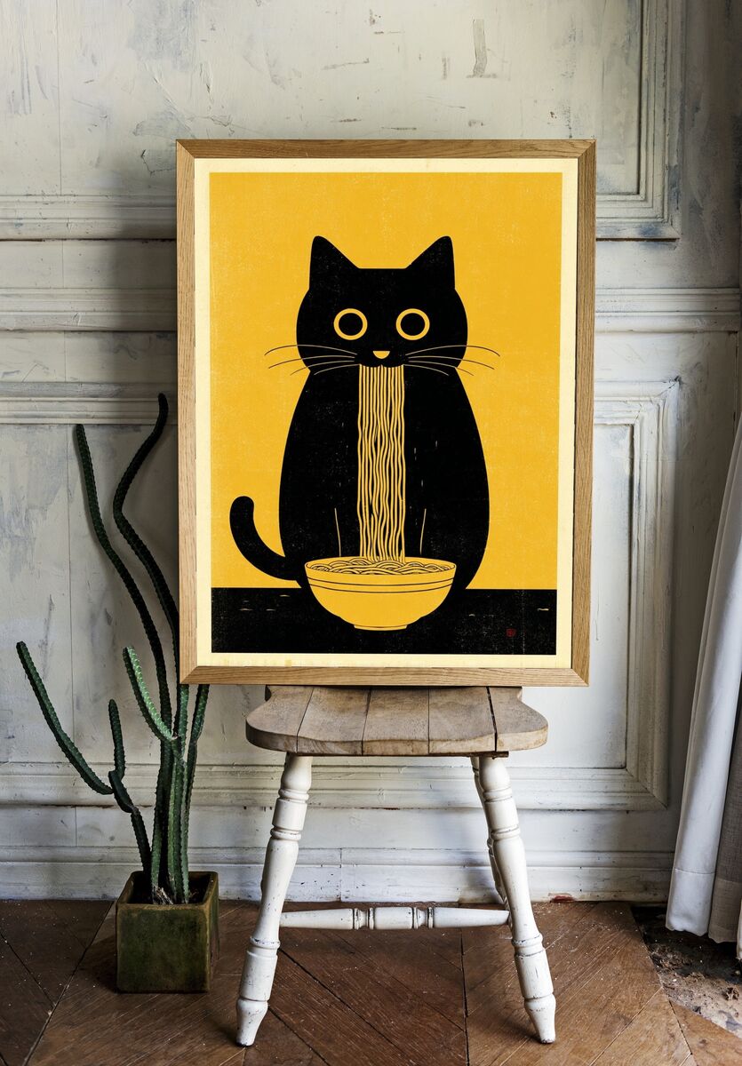 Cat with Noodles — Illustration Print room preview