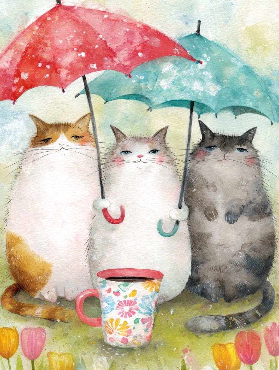 Cats with Umbrellas — Watercolor Print. poster detail