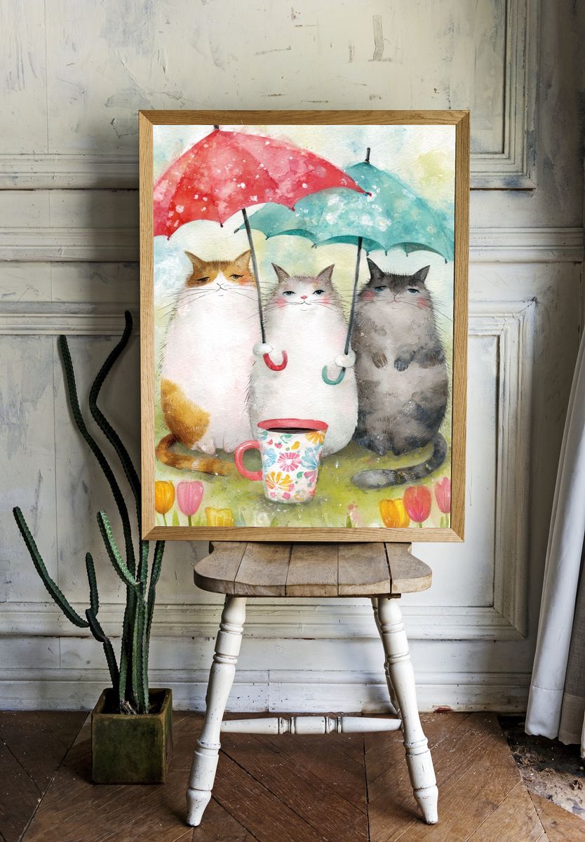 Cats with Umbrellas — Watercolor Print. room preview