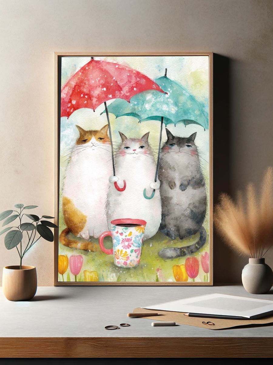 Cats with Umbrellas — Watercolor Print. — room view 2