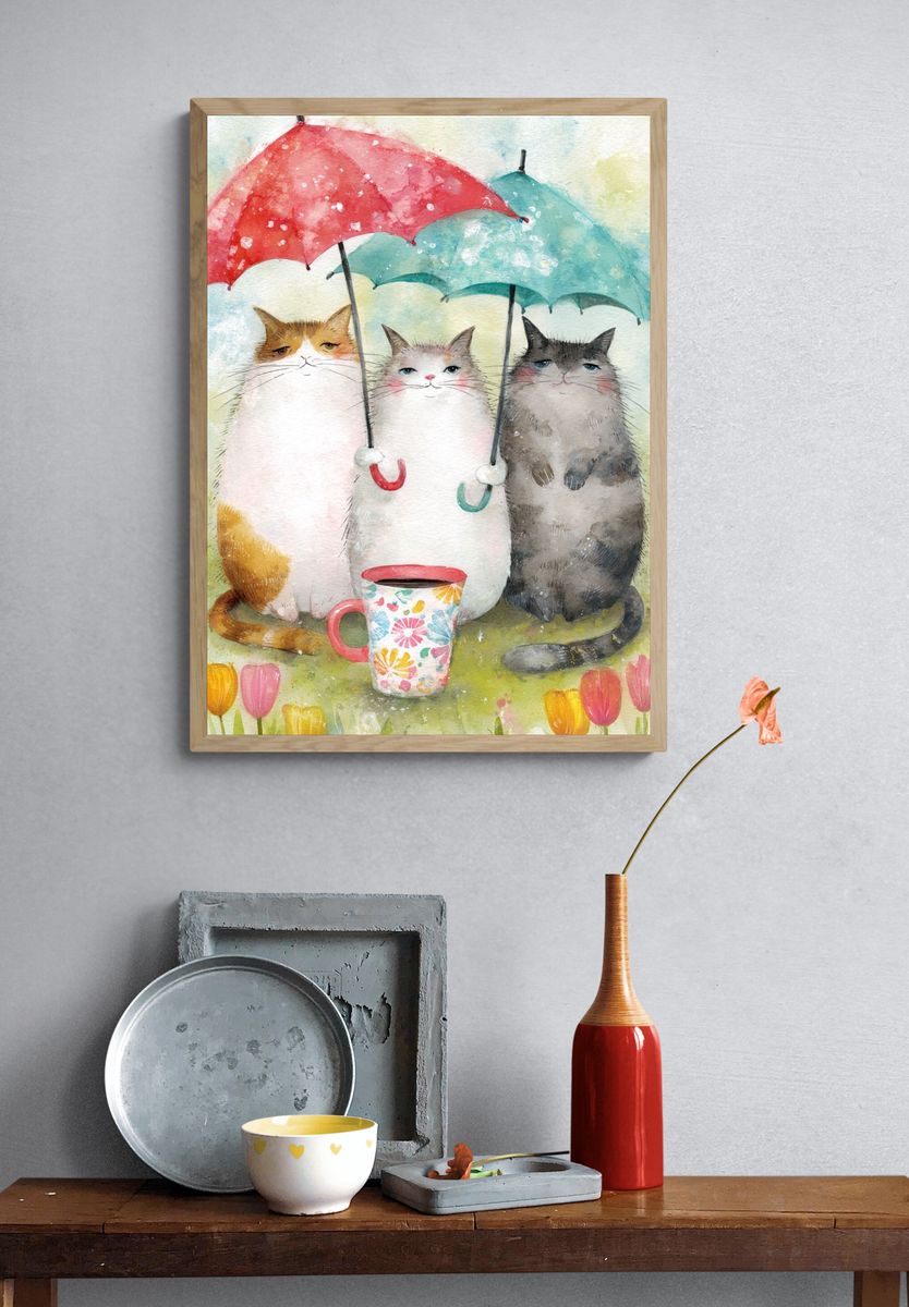 Cats with Umbrellas — Watercolor Print. — room view 3