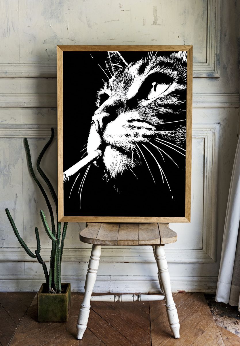 Smoking Cat Portrait Print. — room view 1