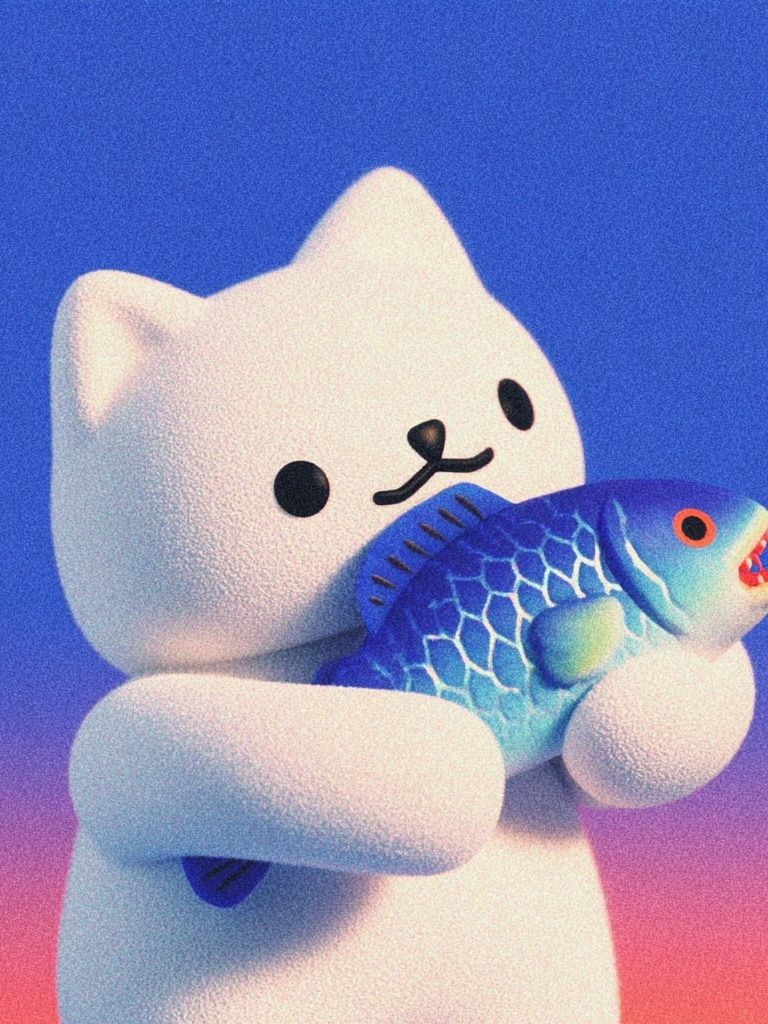 Cute Cat Holding Fish — Illustration Print. poster — illustration art