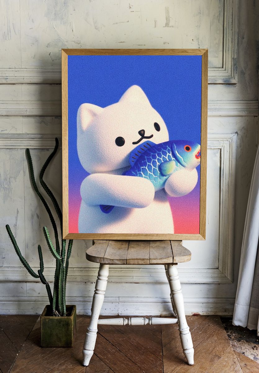 Cute Cat Holding Fish — Illustration Print. — room view 1