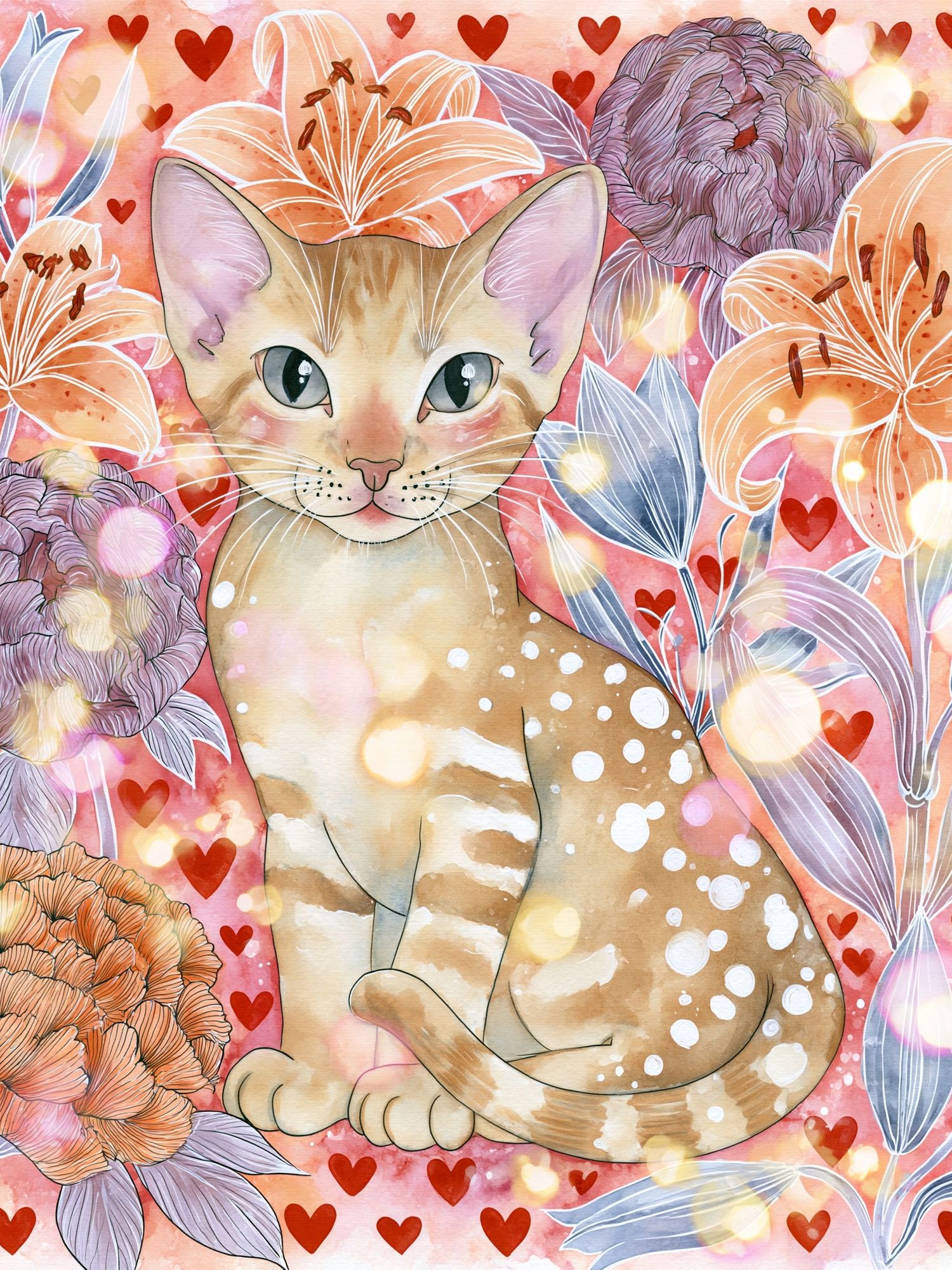 Cat and Flowers Watercolor Poster. poster — animals art