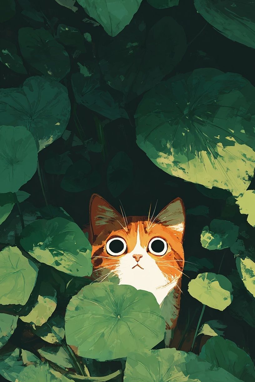 Curious Cat in Green Leaves — Illustration Print. poster detail