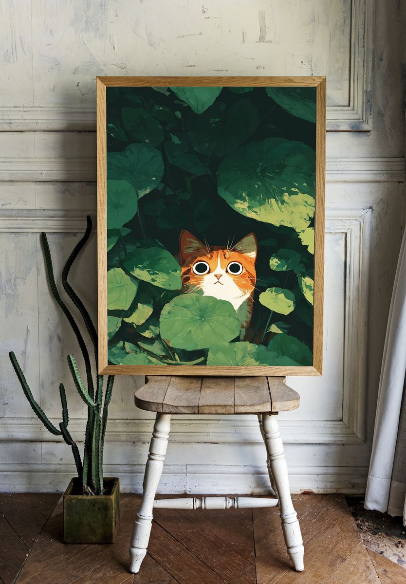 Curious Cat in Green Leaves — Illustration Print. room preview