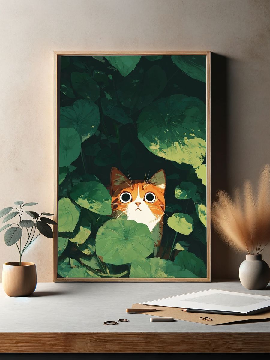 Curious Cat in Green Leaves — Illustration Print. — room view 2