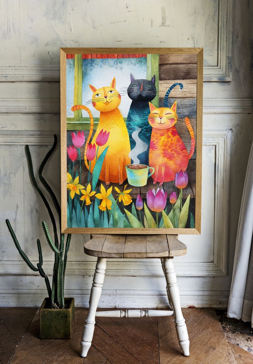 Whimsical Cats Watercolor Poster. room preview