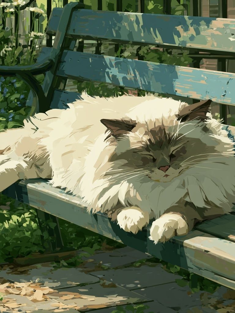 Fluffy Cat on Garden Bench Poster. poster detail