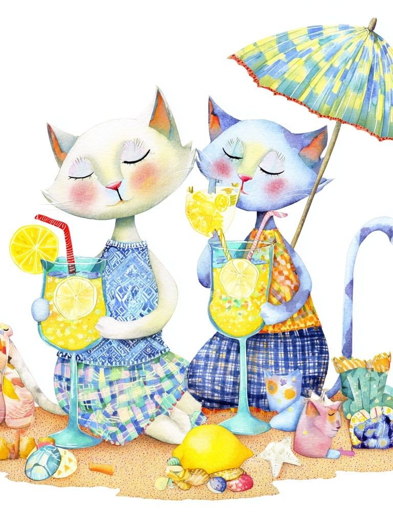 Cats Enjoying Summer Drinks — Illustration Print. poster detail