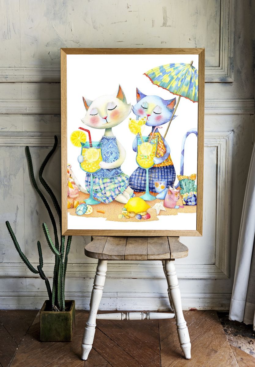 Cats Enjoying Summer Drinks — Illustration Print. room preview