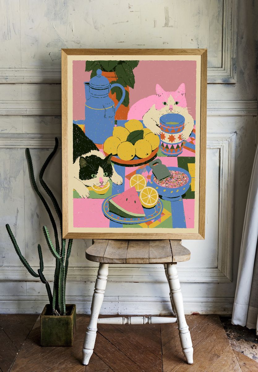 Playful Cats Still Life Illustration Poster. — room view 1