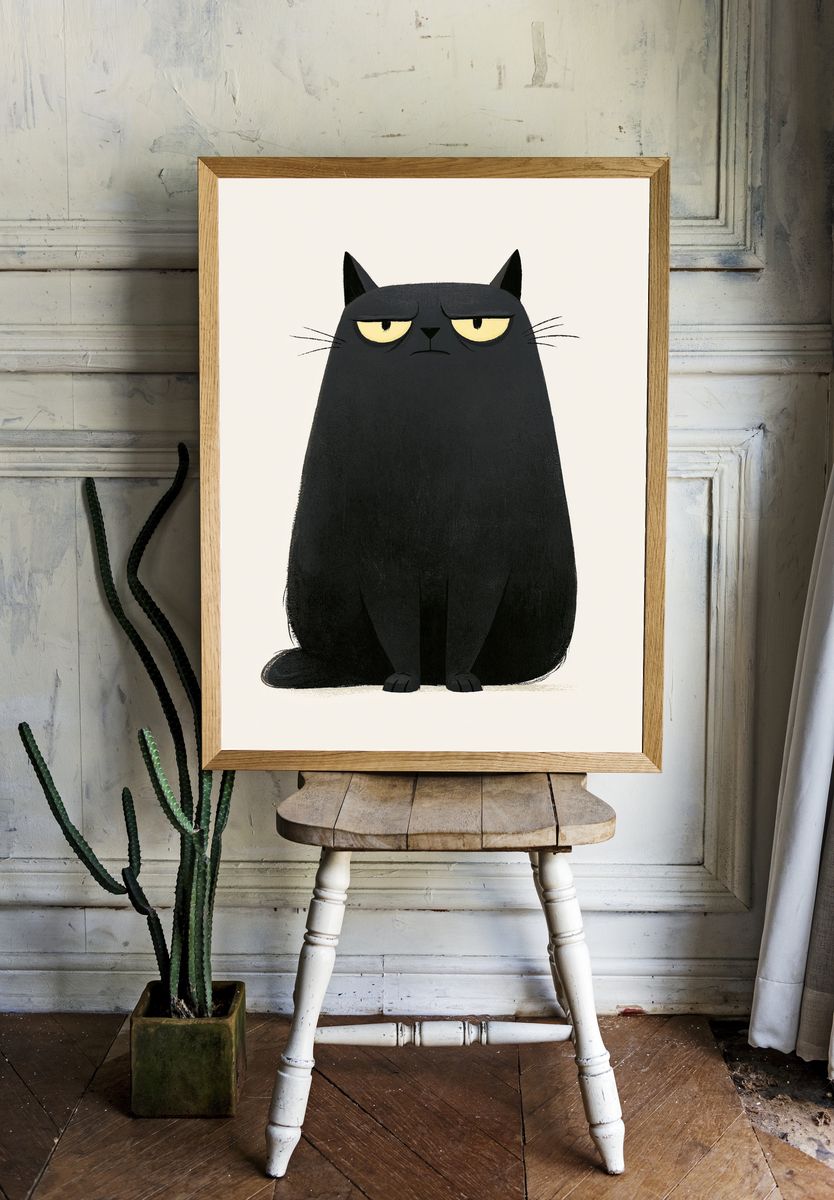 Grumpy Black Cat Illustration Poster. — room view 1