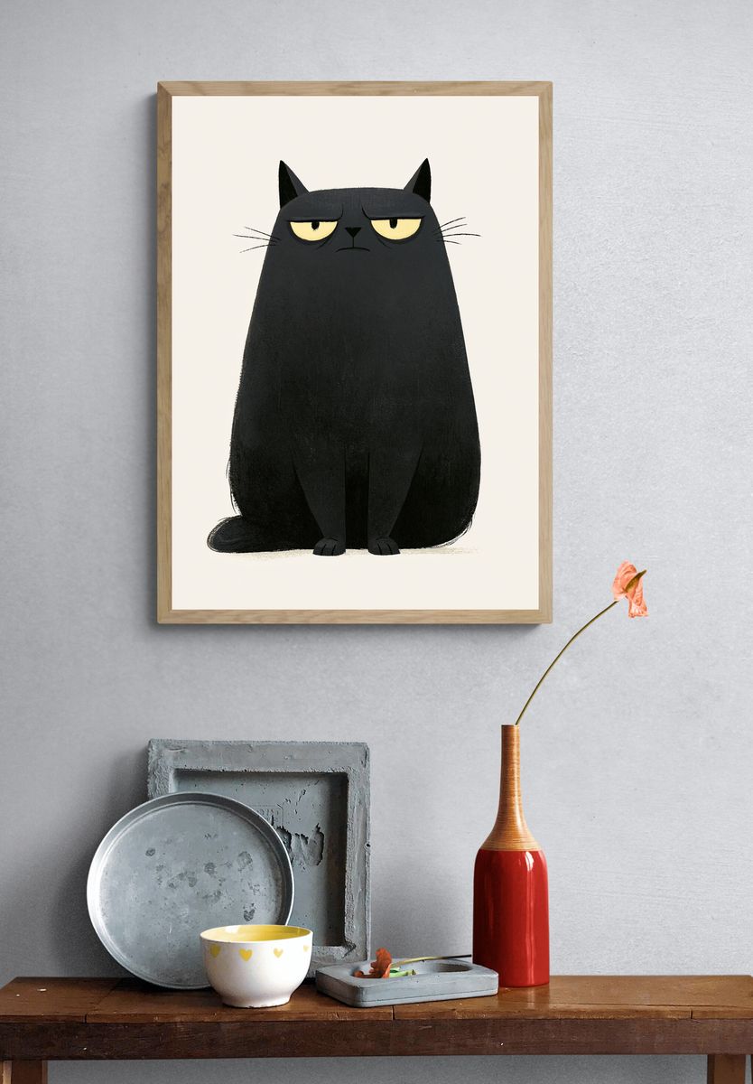 Grumpy Black Cat Illustration Poster. — room view 3