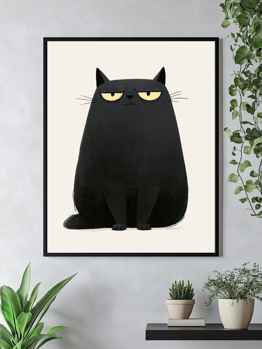Grumpy Black Cat Illustration Poster. — room view 4